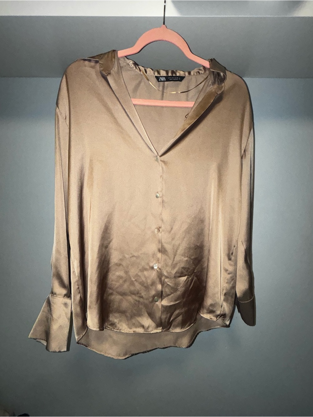 Zara Satin Button-Up Blouse in Beige